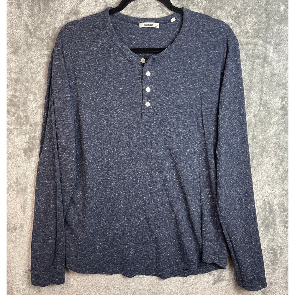 Buck Mason Henley Shirt Mens Large Blue Long Sleeve Cotton Blend Button Casual